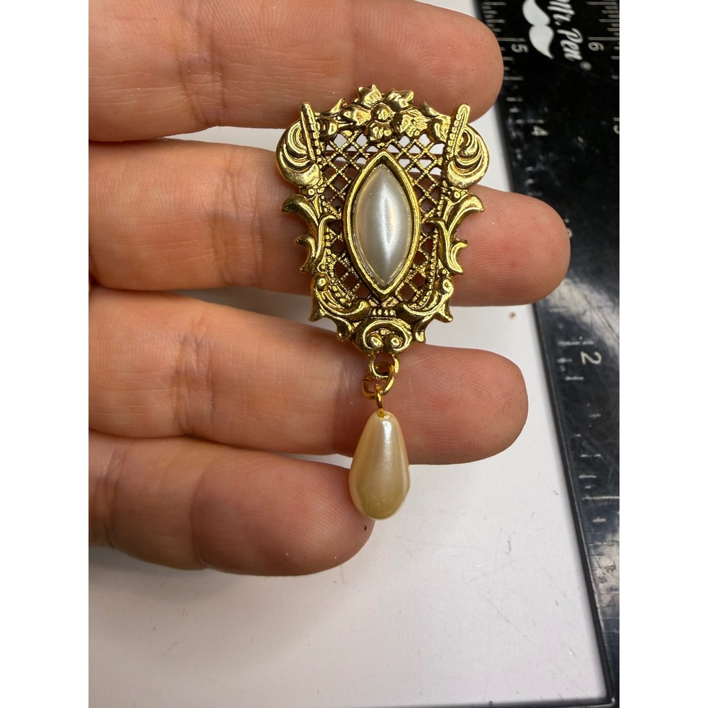 Vintage Gold Tone Faux Pearl Dangle Brooch Pin Victorian Style Openwork Lattice